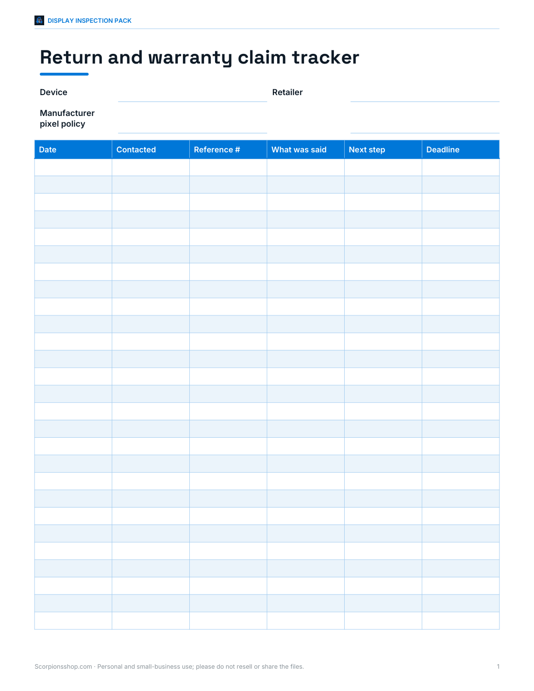 Preview of the first page of Claim tracker (PDF/DOCX/XLSX)