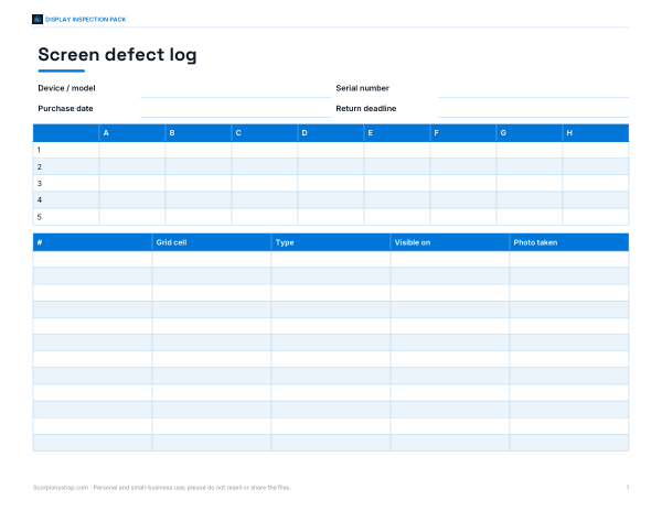 Preview of Printable Screen Defect Log With Grid
